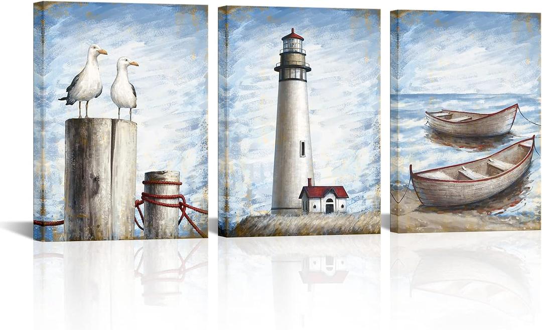 LoveHouse Coastal Lighthouse Canvas Wall Art Nautical Boat Wall Decor Beach Pictures Seagull Seascape Print Painting Farmhouse Artwork
