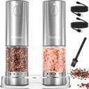 Electric Salt and Pepper Grinder Set 6 Levels Adjustable Coarseness Refillable Stainless Steel Auto Salt and Pepper Grinder Mill Usb Rechargeable with Lights (2 pack, Silver)