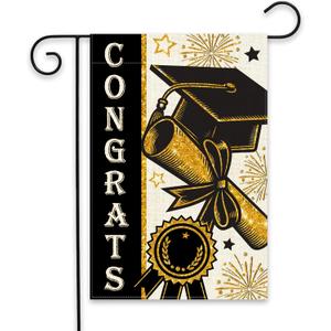 Diploma Cap Congrats Grad Garden Flag 12.5x18 Inch Burlap Double Sided, Black Gold Class Of 2025 Graduation Yard Outdoor Decoration