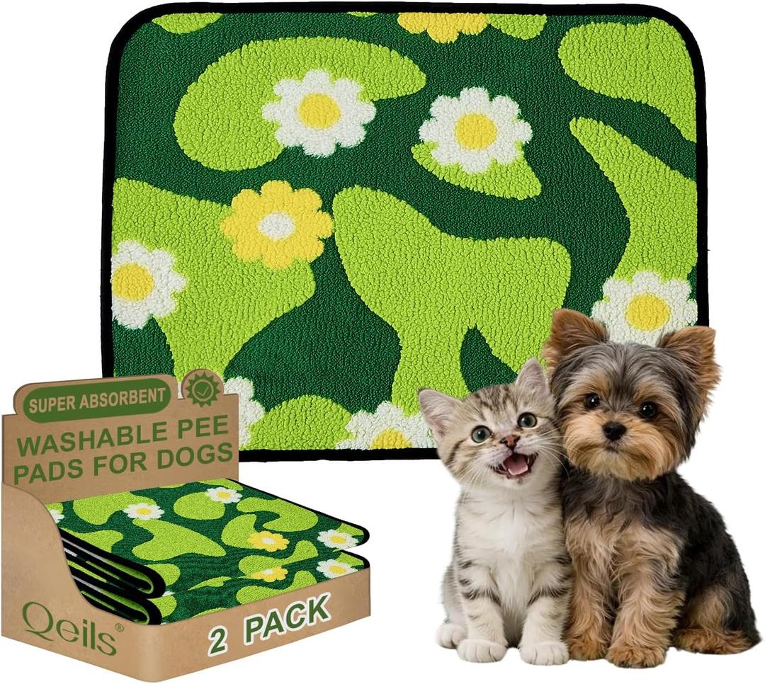 Qeils Reusable Puppy Pads for Small Dogs, Washable Pee Pads with Non-Slip , Absorbent Leakproof Mat for Crates, Playpens, Pet Beds & Whelping, Indoor Potty Training Grass Green, 18"x24", 2 Pack