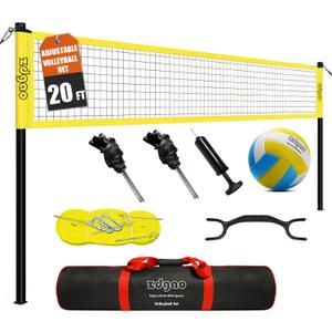 Outdoor Portable Volleyball Net System - Adjustable Height Poles with Soft Volleyball Ball, Pump, Hammer, Boundary Line, and Carry Bag for Backyard, Beach, Lawn (20FT Lemon Yellow)