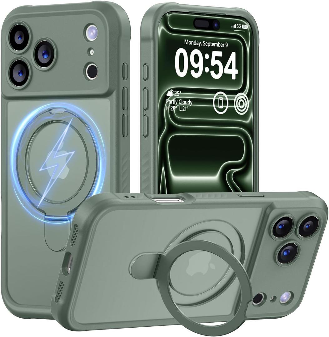 MOCCA Design for iPhone 17 Pro Case, Compatible with Magsafe [Premium Invisible Magnetic Ring Stand] [Military Drop Protection] Full Camera Guard Translucent Matte Slim Phone Cover 6.3",Calke Green