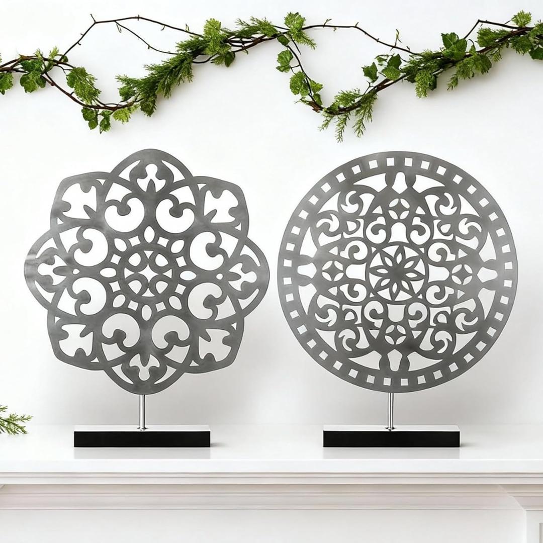 Shimeyao 2 Pcs 10.8 x 13.4 in Metal Carved Cutout Tabletop Decor Sculpture Above Cabinet Decor Kitchen Flower Medallion Retro Statues Tabletop Centrepieces for Cabinets, Bookshelf, Mantel, Office