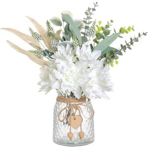 Faux Flowers with Vase, Artificial Silk Flowers in Vase, Fake Plant Eucalyptus and Willow, Flower Arrangement for Home, Farmhouse kitchen Dining Table Centerpiece Decorations, Coffee Table Decor (White) 