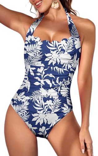 Eomenie Women One Piece Tummy Control Swimsuit Halter Scallop Trim Bathing Suits 1 Piece Vintage Ruched Slimming Swimwear Size XL