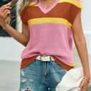 Saodimallsu Womens Cap Sleeve Sweater Vest Top Summer Color Block Loose Knit Going Out Shirts (Large, Pink)