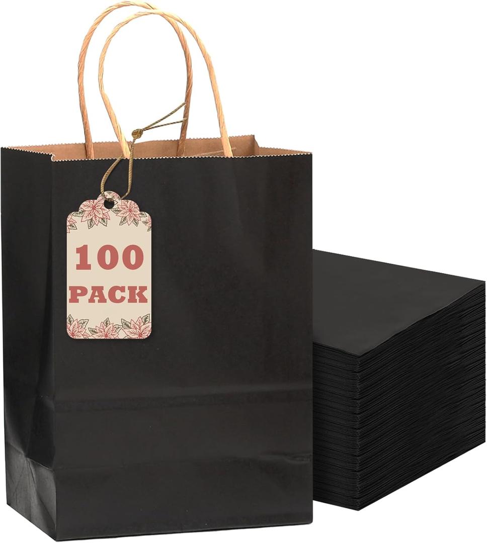 qiqee 100-Packs Black Paper Gift Bags with Handles Bulk 8.26"6"3.15" Small Size Gift Bags Multiple Uses