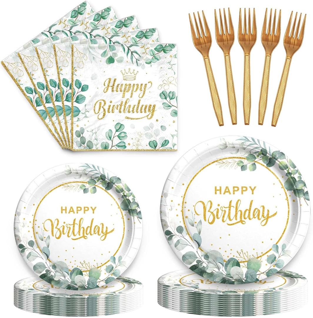 Sage Green Birthday Supplies Tableware Set, Sage Green Decorations with Disposable Happy Birthday Paper Plates Napkins for Greenery Leafy Birthday Party