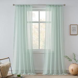 FMFUNCTEX Linen Sheer Curtains for Bedroom, Sage Green Curtains 96 inches Long for Living Room, Farmhouse French Flax Blend Window Draperies, Rod Pocket 2 Panels Set