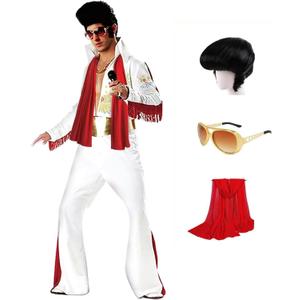 Luming Men's 50s Rock Star Disco Outfit Costume Halloween Costume Adult for Men 5PCS: Jumpsuit Wig Sunglasses Belt Red Scarf (XX-Large)