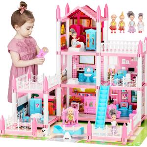 Doll House for Girls, DIY Dream Dollhouse with Furniture and Rooms Accessories, Miniature Pretend Playhouse with Lights, Building Princess House Dolls Playset Figures Toys Kit Gift for Ages 3+