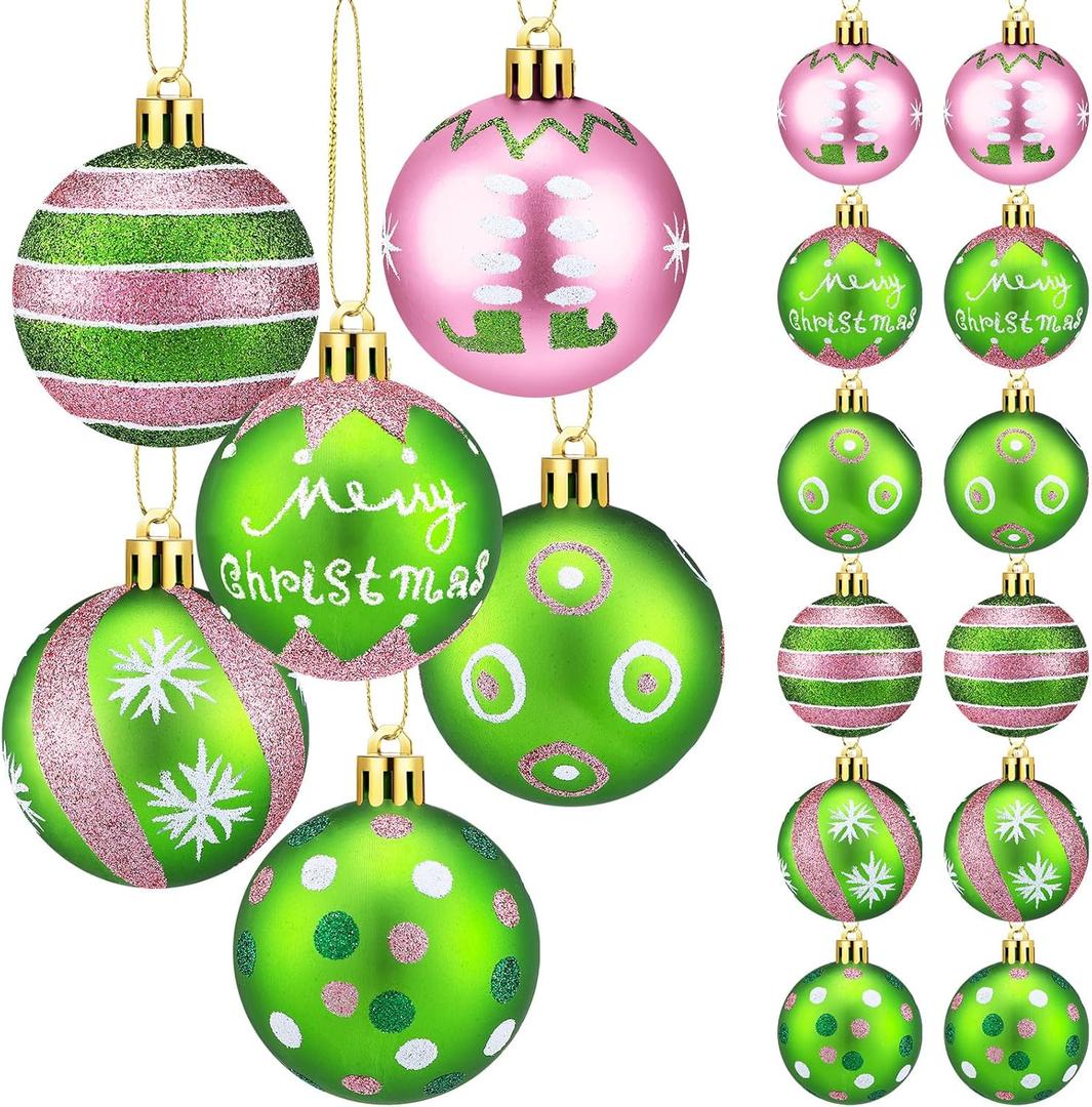 24 Pcs Christmas Ball Ornaments Pink Green 2 Inch Glittering Hanging Ornaments for Christmas Tree Decorations Plastic Xmas Tree Decorations for Outdoor Holiday Party Supplies