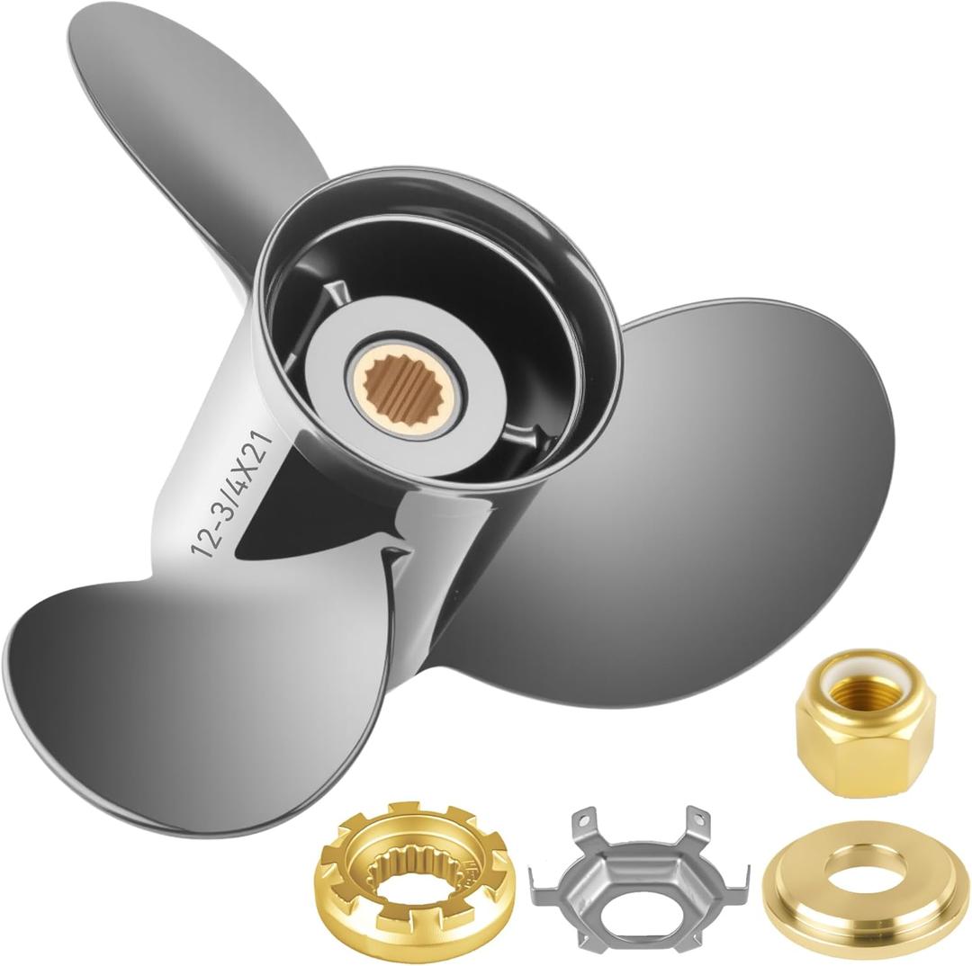 Propeller 12 3/4X21P for Mercury Black Max Outboard 40 50 60 70 75 80 90 100 115 125 140 HP Boat Motor Engine Parts Aluminum Prop 12.75X21 Pitch RH 15 Spline Tooth with Flo-Torq II Hub Kit 77348A45