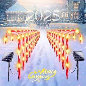 IDEAALS 24-Pack Upgraded Solar Christmas Candy Cane Lights, Solar Pathway Lights Waterproof, Christmas Decorations Outdoor with 8 Modes for Party Patio Garden Lawn Yard Decor