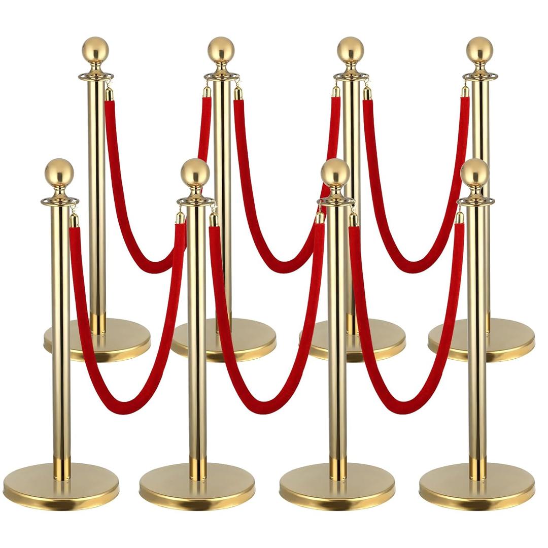 8 PCS Stainless Steel Stanchion Post,5Ft Red Velvet Rope, Hollow Base and Velvet Ropes Safety Barriers Set, Poles Crowd Control Barriers for Red Carpet Themed Decoration (8) (Gold Color)