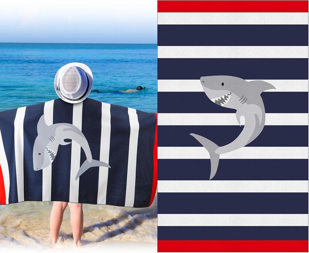 HunnmingRe Kids Beach Towels Girls Boys Cute Beach Towel 50 x 30 Inch Microfiber Absorbent Dry Pool Bath Supplies for Party Gifts Swimming Camping Decoration(Blue, White, Red, Shark)