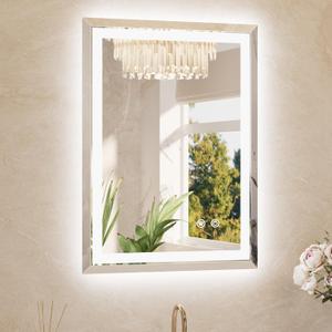 TETOTE Led Bathroom Mirror with Lights 22 x 30 Inch, Beveled Lighted Vanity Front and Backlit Anti-Fog Mirror Wall Mounted for Modern Bathroom, 3-Color Extra-Bright Lights, Tempered Glass