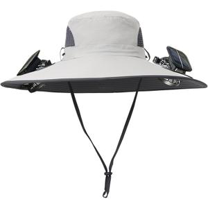 Men Women Wide Brim Sun Hats with 2 Solar Fan Waterproof Breathable Bucket Hat Outdoor Fishing Hat for Hiking Camping (One Size, Solid Light Grey)