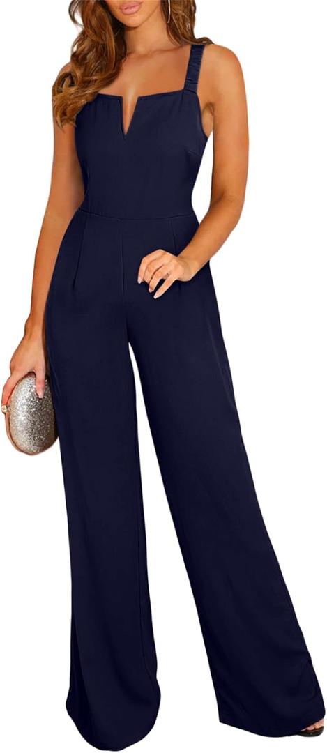 BLENCOT Sleeveless Jumpsuits For Women Dressy Casual V Neck Wide Leg Long Pants Slip Rompers Summer Overalls (Blue, S)
