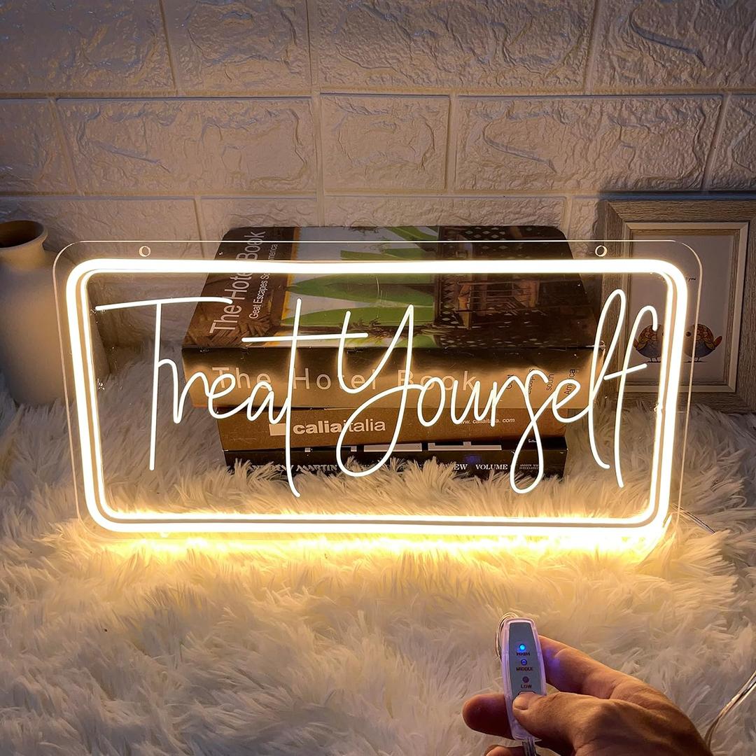 Treat Yourself Neon Sign for Wall Decor, Led Light Neon Signs with Dimmer for Bar Club Windows Cafe Bedroom Room Indoor Aesthetic Decoration Wedding Birthday Party Gifts , USB Powered Warm White Sign