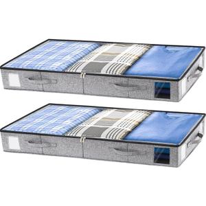Combocube 2 Pack Under Bed Storage Containers, 4.5" Low Profile Underbed Storage Bins with Sturdy Support, Stackable Space Saving Organizer with 4 Handles & Label Windows for Shoes Clothes Blankets