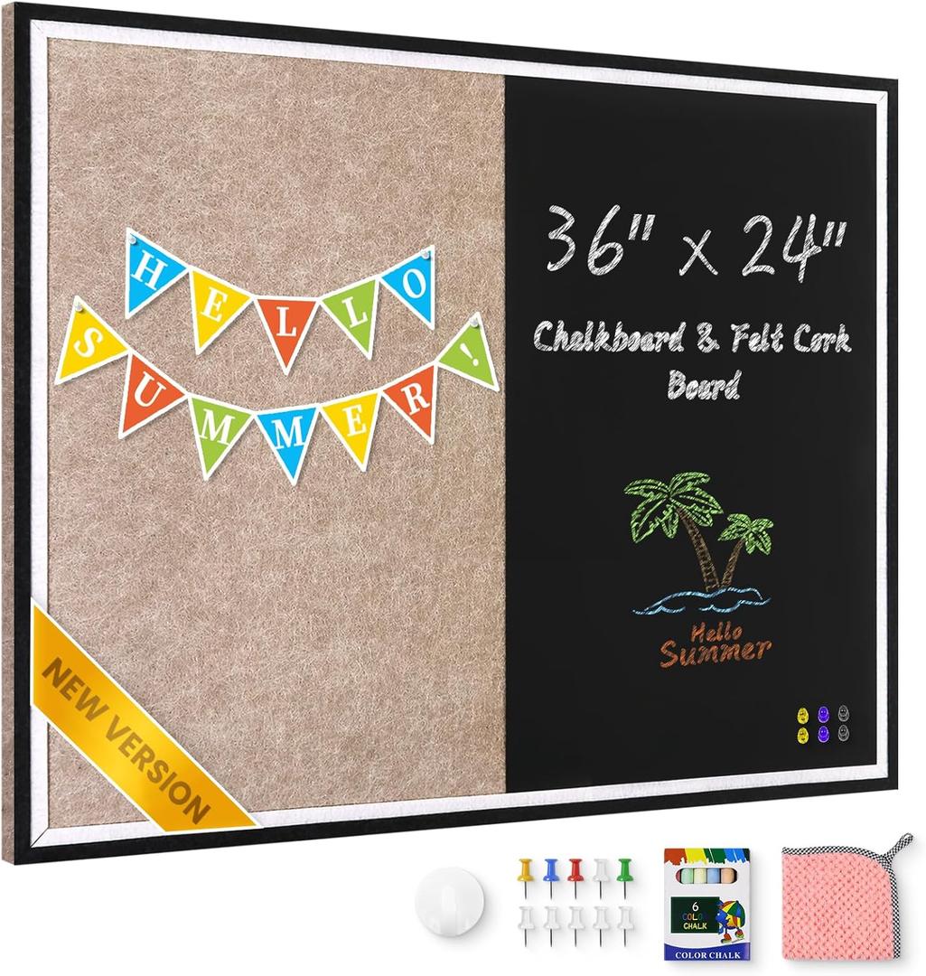 Magnetic Chalkboard Felt Bulletin Board Combination, 32"x24" Large Blackboard & Felt Cork Board Combo, Self-Adhesive Push Pins Vision Board for Home, School and Office