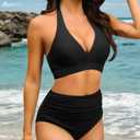 Women's Halter Bikini Sets High Waisted Tummy Control Swimsuit V Neck Push Up Bathing Suits (Black, M)