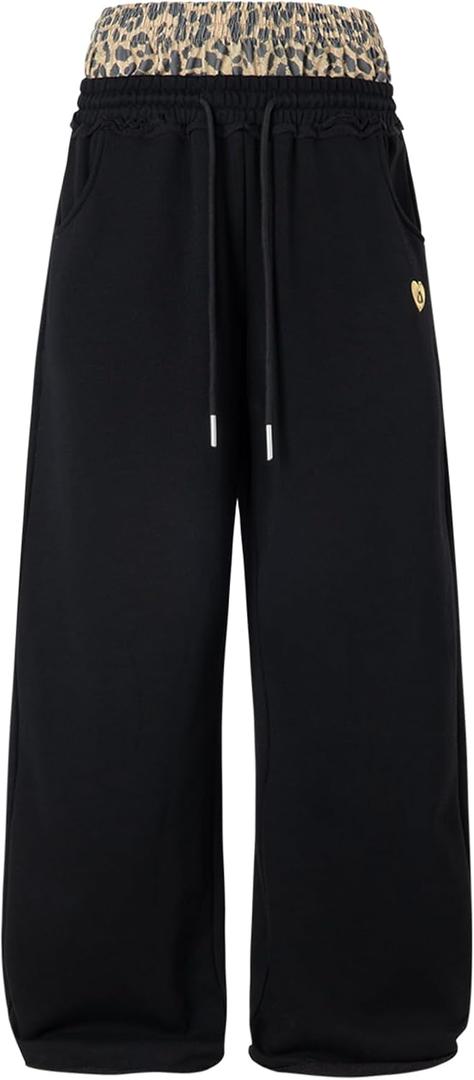 Aelfric Eden Baggy Wide Leg Sweatpants for Women Men Double Waist Camo Elastic Waisted Lounge Pants with Pockets (Large, Black & Leopard)