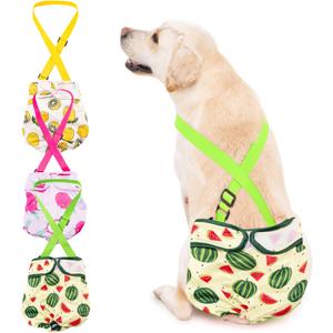 Avont 3 Pack Washable Female Dog Diaper with Suspender, Reusable Girl Doggie Diapers for Small Medium Large Doggy in Heat Cycle Period Incontinence (Yellow/Pink/Green)