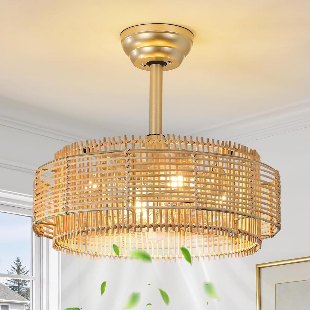 Rattan Boho Ceiling Fans Lights: 19.3'' Layered Ceiling Fans with Light and Remote Control, Farmhouse Semi Flush Mount Fandelier with Reversible 6 Speeds for Bedroom, Nursery, Living Room, E26 Base