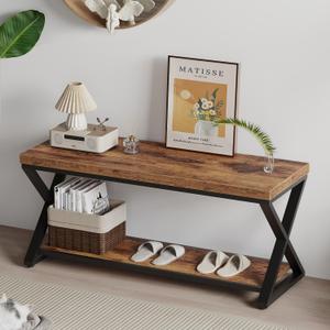 IBF Wooden Bench Indoor, Wood Entry Way Bench with Shoe Storage Rack for Entryway, Industrial Entryway Bench Seat for Foyer Bedroom Living Room Entrance Organization, Rustic Brown Oak, 39 Inch Long