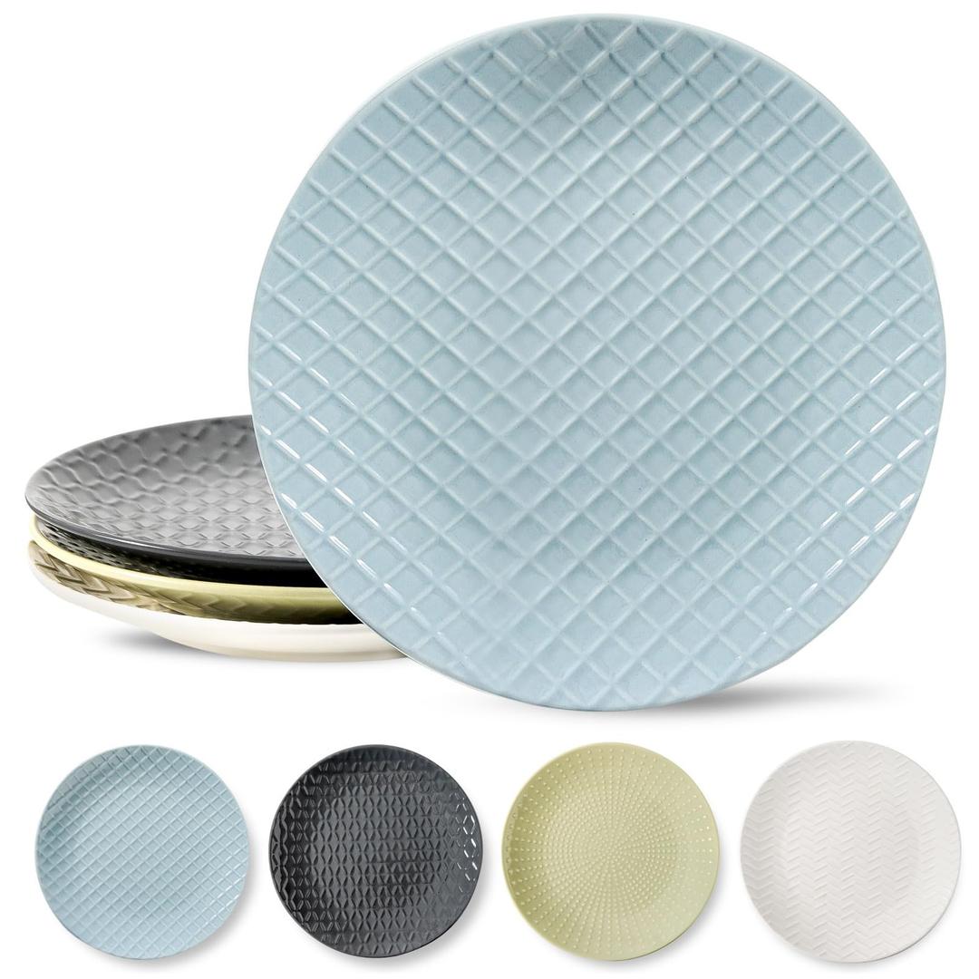 HASENSE Dinner Plates, 10 Inch Ceramic Dishes Set of 4 for Kitchen, Embossed Porcelain Plates for Restaurant, Microwave Oven and Dishwasher Safe, Colorful