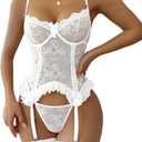 WDIRARA Women's Sexy Lingerie Set Floral Lace Garter Bustier Lingerie Set with 1Pair Fishnet Stocking, S