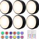 HELPLEX LED Puck Lights with Remote, 6 Pack Color Changing RGBW, Battery Powered, Dimmable Under Cabinet Lighting with Timer & Memory, Wireless Stick-On Lights, Black