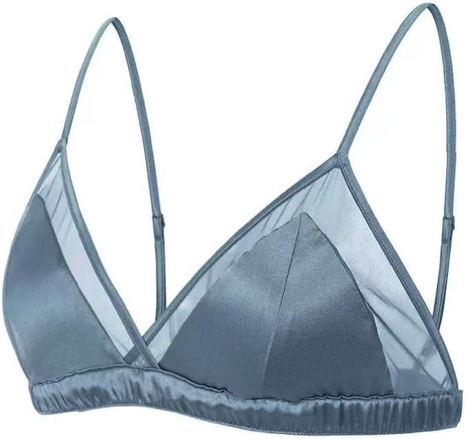 SilRiver Women's Satin Triangle Bralette Tops Silk Wirefree Bra mesh Cami Bra with Removable Pads (S)