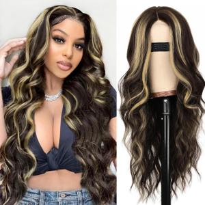 AISI HAIR Long Wavy Dark Brown with Blonde Highlight Lace Hairline Wigs for WomenMiddle Part Synthetic Heat Resistant Wig for Daily Party-26 Inch