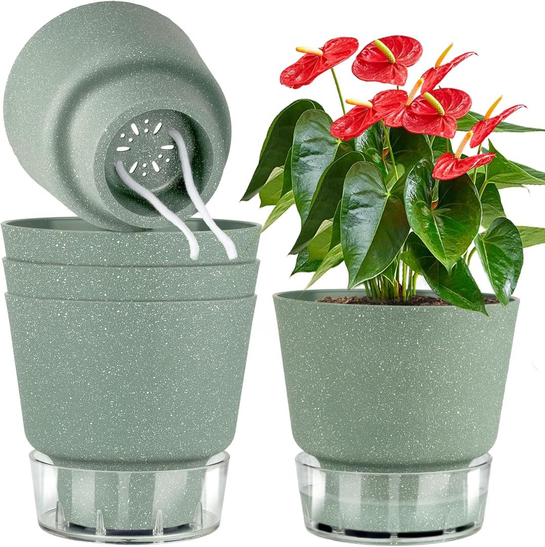 Plant Pots 6 inch Self Watering Pots, 5 Pack Flower Pots Outdoor Indoor, Planters with Drainage Hole and Tray Saucer-Green