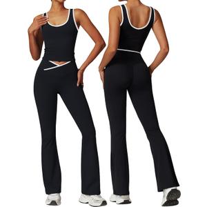 OLCHEE Womens Workout Sets 2 Piece Gym Yoga Outfits Crossover Flare Leggings Crop Tank Top with Contrast Trim (X-Large, Black)