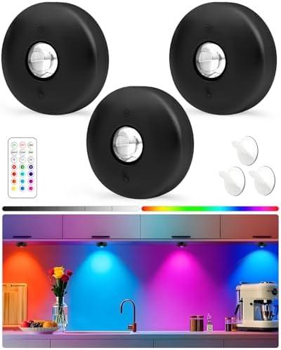 Yiliaw LED Puck Lights with Remote, Magnetic AAA Battery Operated Light, Under Cabinet Lighting, Tap Lights with Dimmer & Timmer for Kitchen, Closet, Shelf - 3 Pack, Black