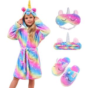 Soft Unicorn Hooded Robe with Matching Slippers Headband and Blindfold for Girls (5-6 Years, Blue/Pink Stars)