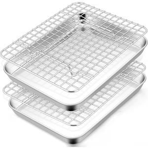 TeamFar Toaster Oven Pan with Rack Set, 9 x 7 x 1 Inch Stainless Steel Mini Baking Pan Tray with Grid Rack for Baking Roasting Cooling, Non-Toxic & Heavy-Duty, Dishwasher Safe, (2 Pans + 2 Racks)