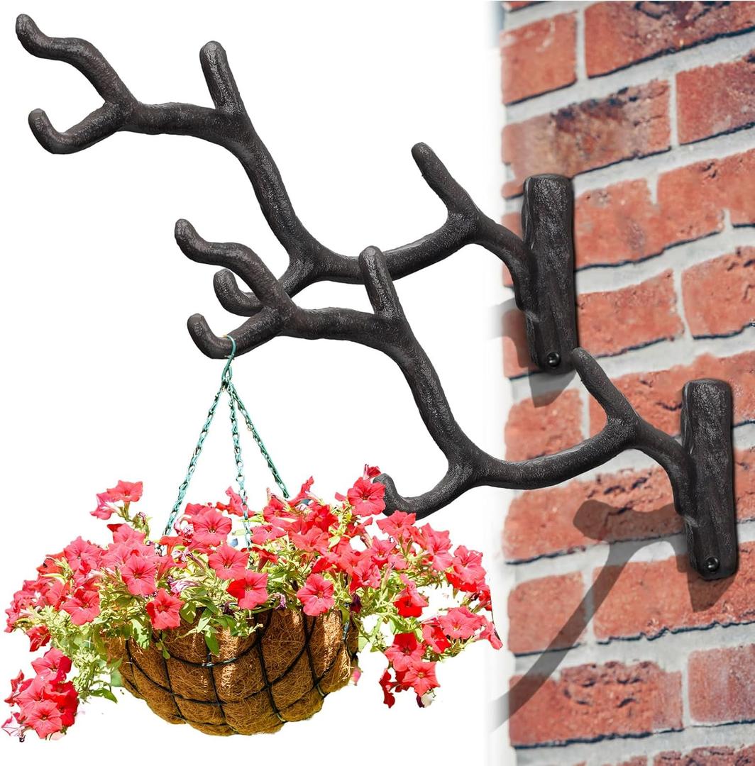 Blulu 2 Pcs 11'' Cast Iron Tree Branch Plant Hangers Decorative Metal Wall Bracket Hooks Wall Heavy Duty Home Storage Rack for Hanging Plants Pot Basket Lantern Wind Chimes Outdoor Indoor (Rust Brown)
