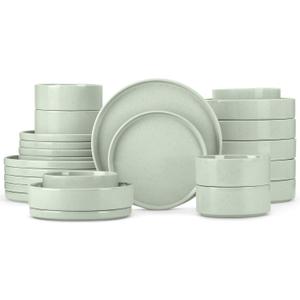 Herogo 24 Piece Plates and Bowls Set, Kitchen Dinnerware Sets with Pasta Bowls, Dinner Ware Dishes Service for 6, Chip & Scratch Resistant Porcelain Kitchen Dishware, Speckled Light Green