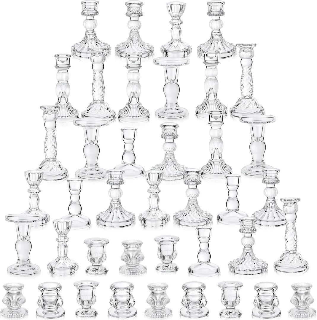 Mumufy 40 Pcs Glass Crystal Taper Candle Holders Clear Glass Candlestick Holder Fit 0.8 Inch Candles Crystal Decorative Candle Stand Centerpiece Table Wedding Dining Party (Classic,Clear)