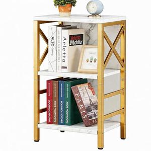 MNEETRUNG Small Bookshelf,3 Tier Industrial Bookcase with Metal Frame and Backboard,Low White and Gold Book Shelf,Book case for Small Spaces,Living Room,Bedroom and Home Office