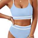 BMJL Women's High Waisted Bikini Ribbed Two Piece Swimsuit High Cut Color Block Adjustable Straps Bathing Suit (Medium)