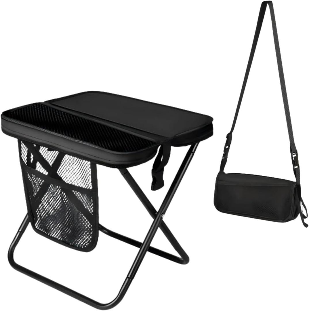 12" Portable Collapsible Stool - Folding Chair with Storage Pouch, Convertible Satchel for Hands-Free Carry & Supports 265Lbs, Ultralight for Hiking, Fishing, Camping, Festivals (Black, Standard)