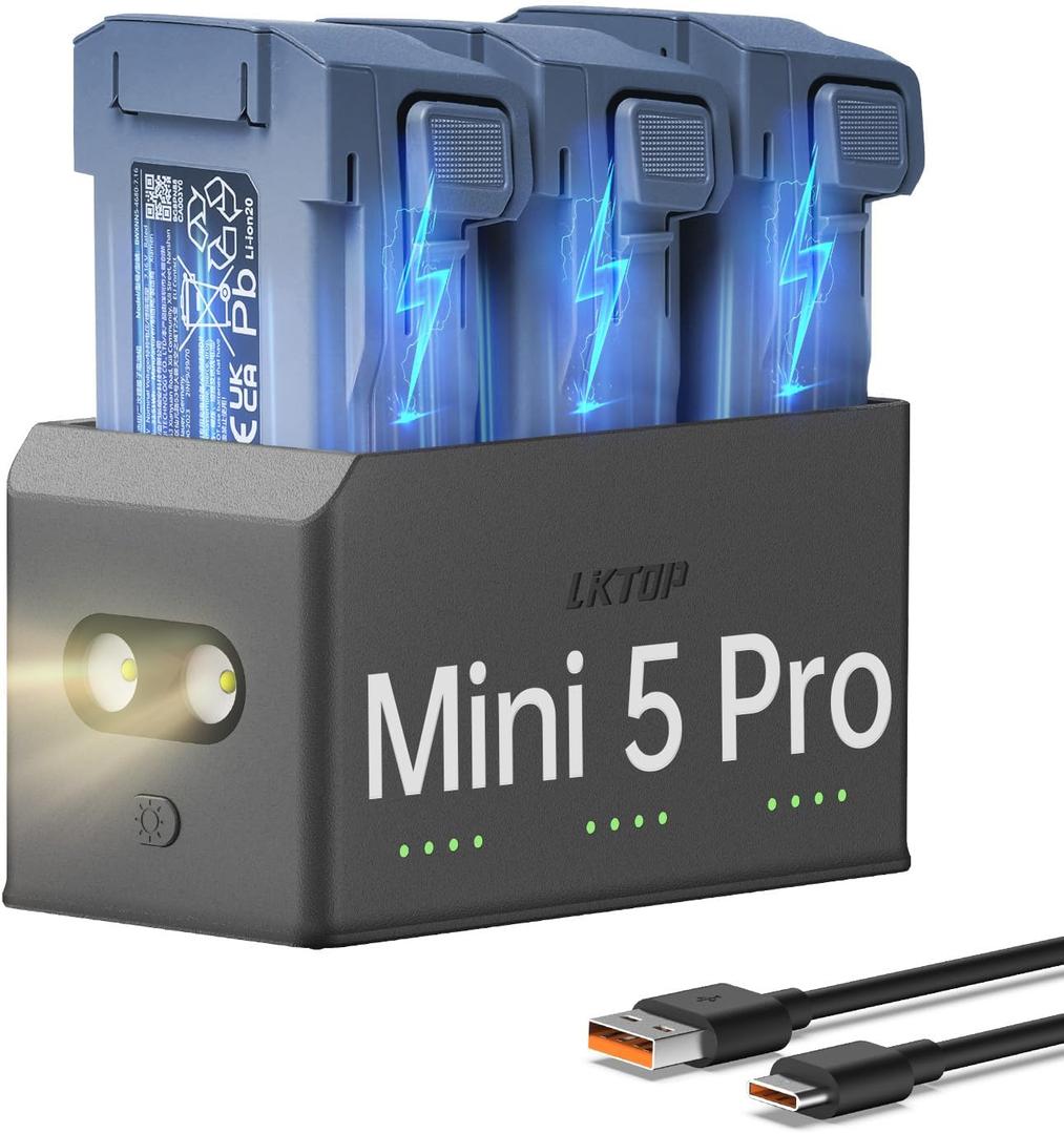 LKTOP 100W Mini 5 Pro Parallel Charging Hub (2X Fast) for DJI Mini 5 Pro Drone Accessories Battery Charger USB-C Power Adapter, with Storage LED SOS Mode (Charge 3 Batteries Simultaneously: 1hr 10min)