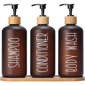MOMEEMO Amber Shower Dispenser Set, Contains 2 Extra-Thick PET Plastic Bottles with Bamboo Pumps, Shampoo and Conditioner Dispenser for Shower Perfect for Modern Bathroom Decor. (Amber)