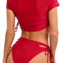 Lilosy Drawstring Bikini Set Srting Swimsuit Short Sleeve Top and Tie Side Bottom 2 Piece (Red, M)